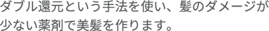 ダブル還元という手法を使い、髪のダメージが少ない薬剤で美髪を作ります。
