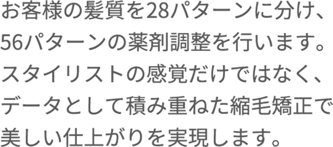 お客様の髪質を28パターンに分け、56パターンの薬剤調整を行います。スタイリストの感覚だけではなく、データとして積み重ねた縮毛矯正で美しい仕上がりを実現します。